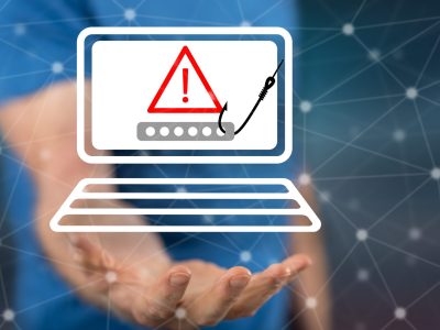 Phishing concept above the hand of a man in background